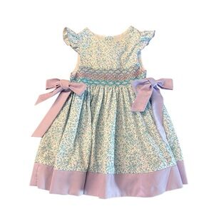 Classic Whimsy Light Blue Floral Smocked Girls Casual Dress with Lavender Bows